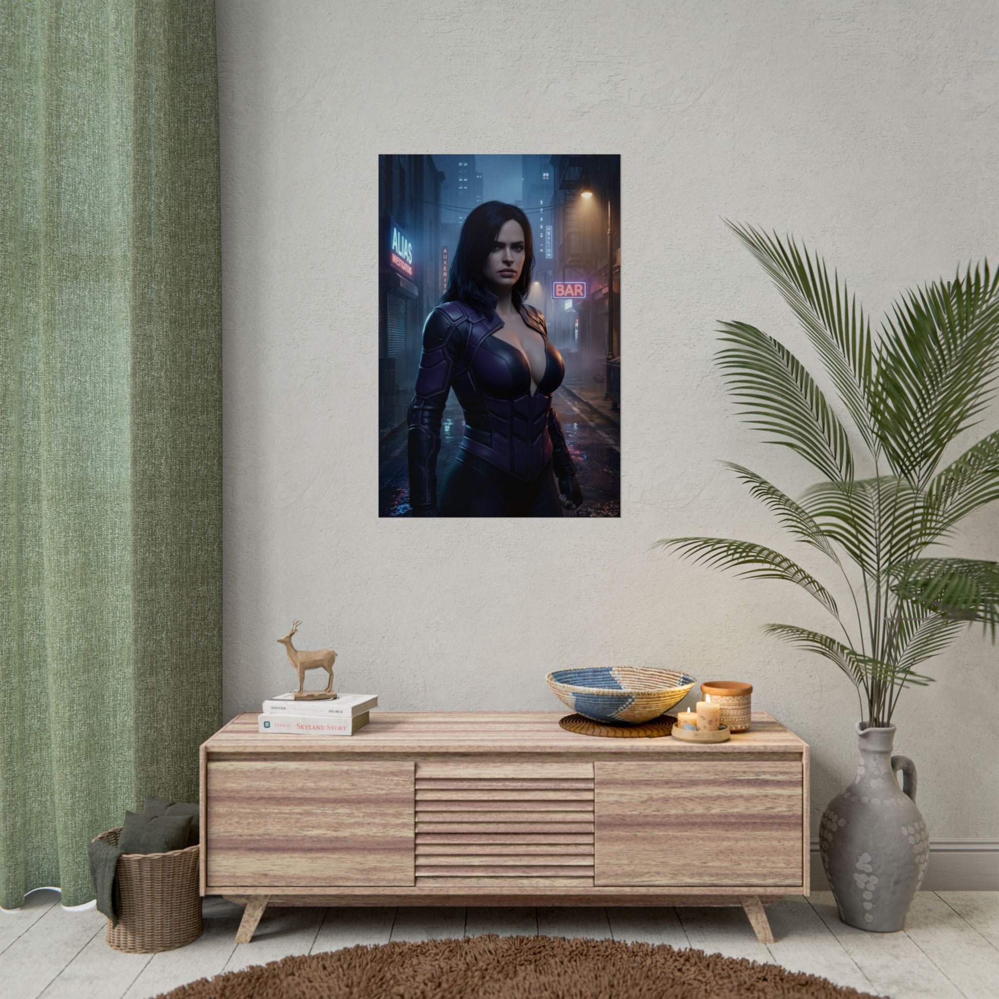 Jessica Jones Poster, Marvel Wall Art Print – Dark Hero Decor hanging above console in modern media room, dark superhero wall art for gamers and collectors