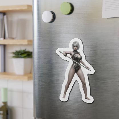A2 Magnet – NieR Automata Anime Heroine Fridge Magnet, Game Decor on stainless fridge showing die-cut vinyl magnet of battle-ready heroine