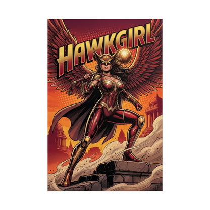 Hawkgirl Poster / Hawkgirl Wall Art / Hawkgirl Art Print / DC Comics Poster – heroic Hawkgirl with mace, wings spread over city at golden hour