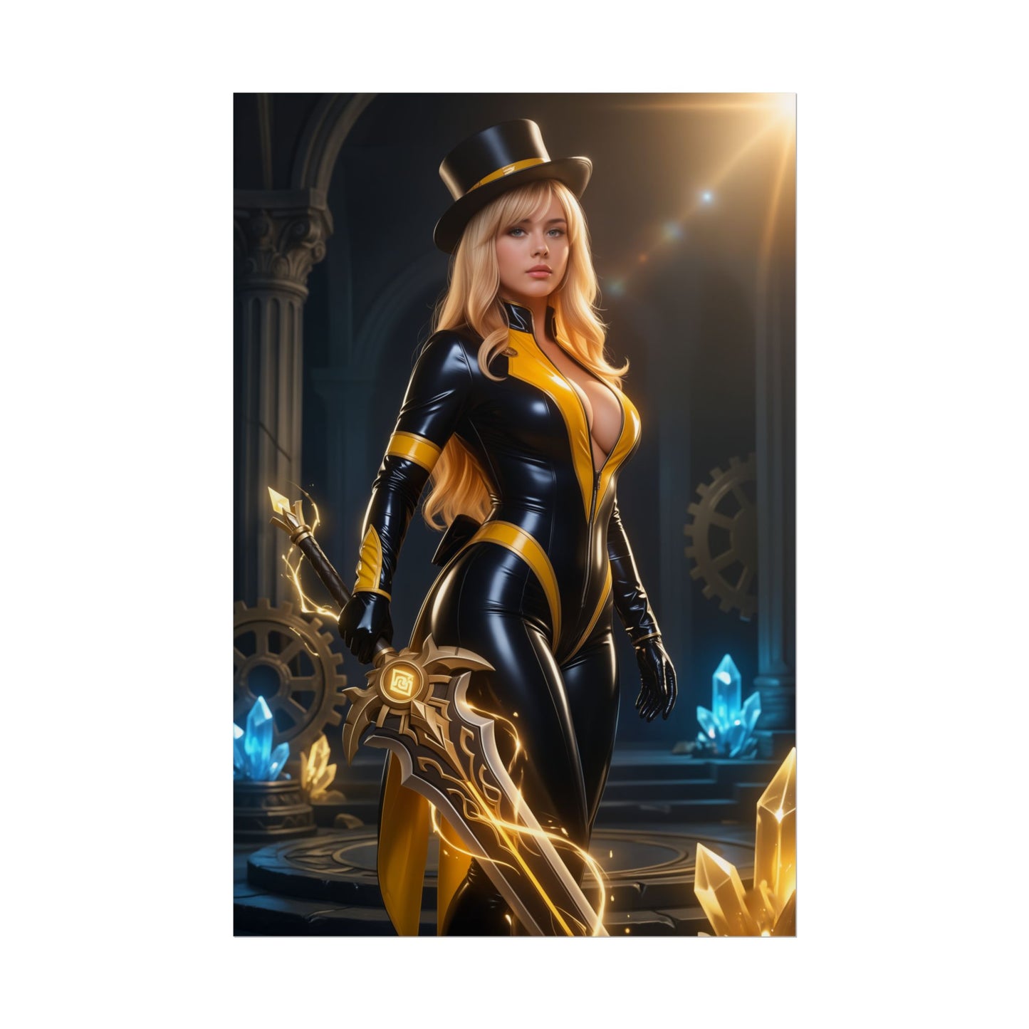 Navia Poster, Genshin Impact Art Print – Iconic Geo Heroine Wall Art featuring Navia in black and gold suit holding a glowing sword