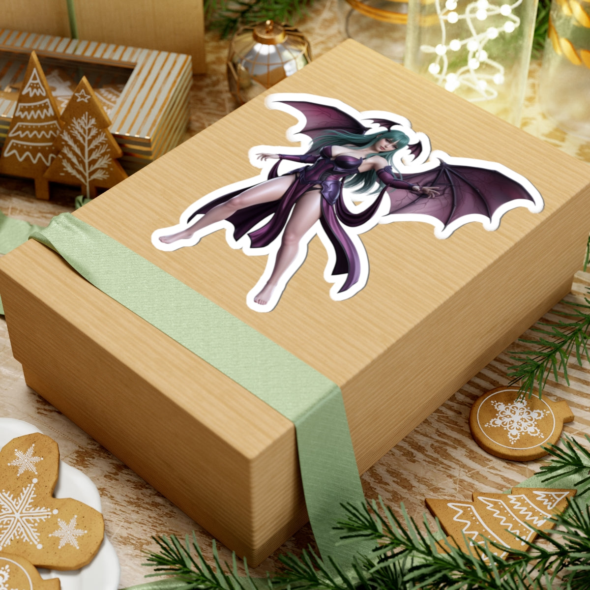 Morrigan Aensland Sticker – Darkstalkers Vinyl Sticker for Laptops & Indoor Decor on a gift box showing glossy, detailed vinyl character art