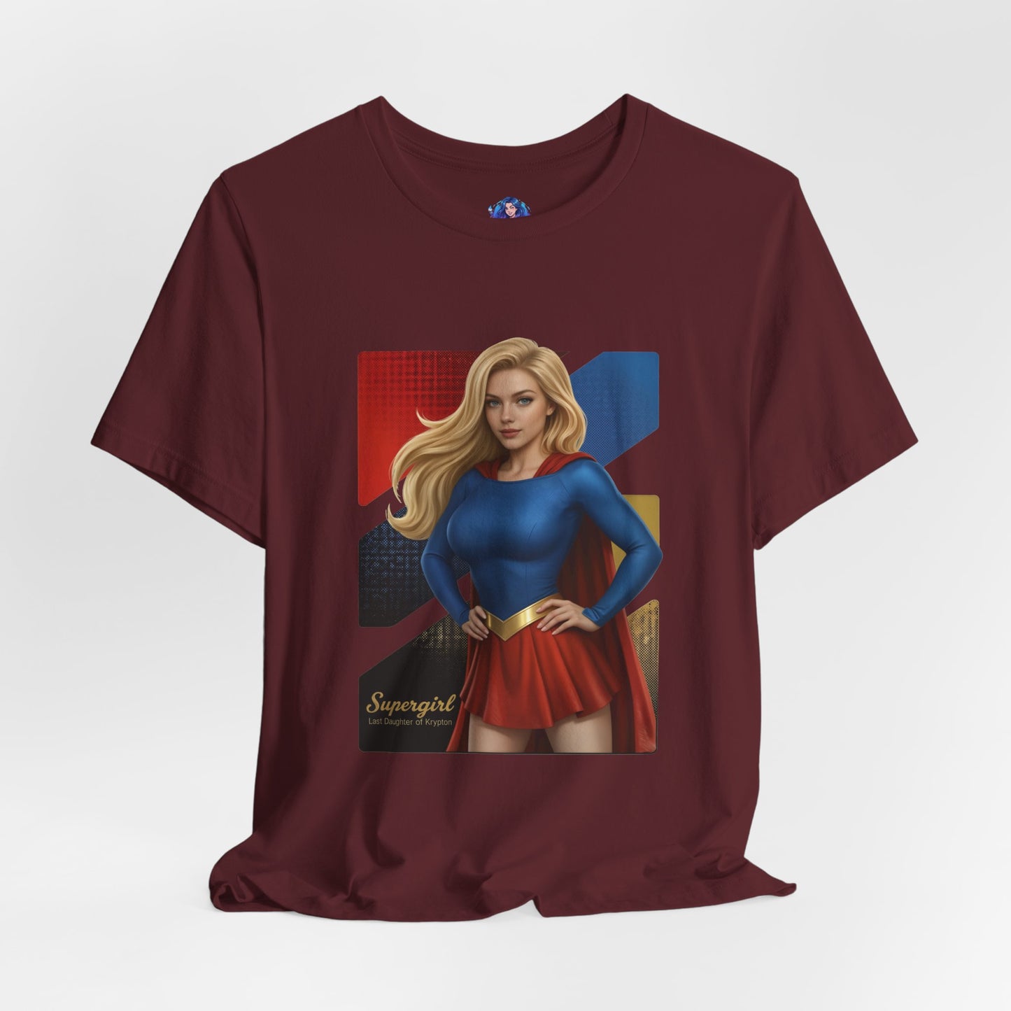 Supergirl T-Shirt | DC Comics Anime Tee for Gamers & Hero Fans - anime-style Supergirl illustration on maroon Bella Canvas tee