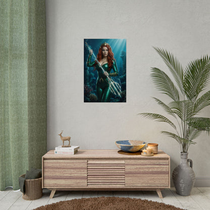 Mera Poster, DC Comics Art Print – Iconic Atlantean Heroine Wall Art - regal Mera underwater trident poster for gamer room or collector display