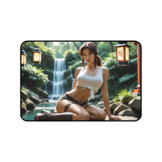 Revy Desk Mat, Black Lagoon Mouse Pad, Anime Heroine Gamer Desk Decor featuring Revy by waterfall with smooth glide surface and stitched edges