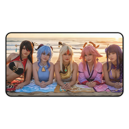 Genshin Impact Girls Gaming Mouse Pad, Anime RPG Desk Mat, Fantasy Heroine Setup featuring five cosplayers reclining on a beach at sunset
