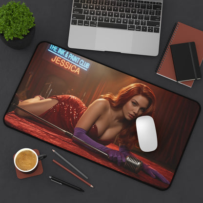Jessica Rabbit Gaming Mouse Pad, Classic Cartoon Desk Mat, Retro Glam Desk Setup — vintage Hollywood-style pinup artwork on large desk mouse pad