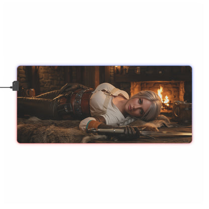 Ciri Desk Mat – LED RGB Pad, Waifu Fantasy Girl Gaming Setup showcasing a reclining fantasy heroine with LED border and precision-cloth surface