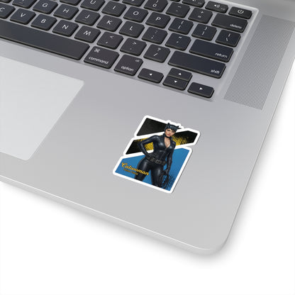 Catwoman Sticker – Comic Heroine Vinyl Sticker for Laptops & Indoor Decor on silver laptop showing glossy, durable vinyl, vibrant comic-style Catwoman design