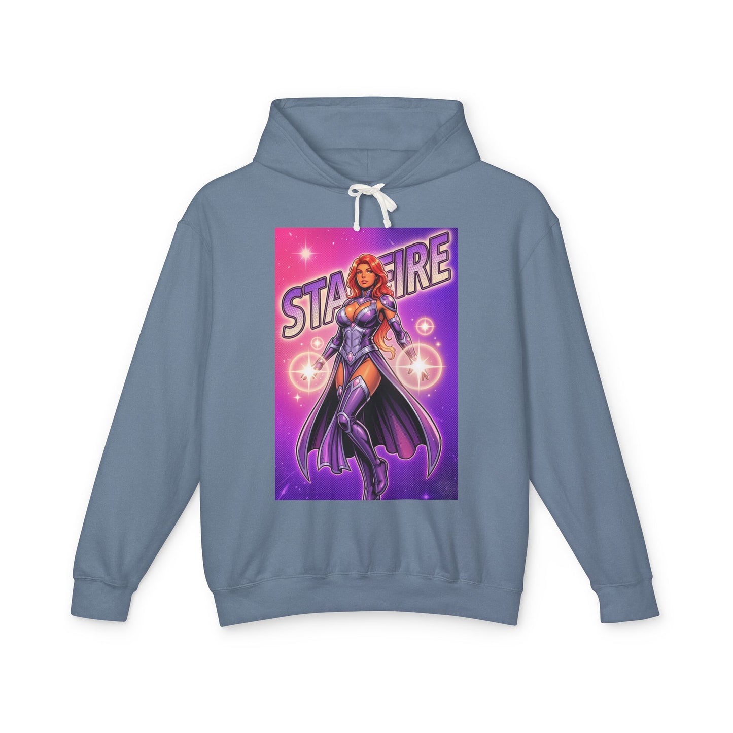Starfire Hoodie | DC Superhero Hoodie | Cosmic Princess Pullover front graphic pullover featuring cosmic heroine print on soft blue cotton hoodie