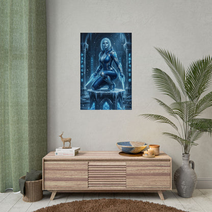 Frost Mortal Kombat Poster – Ice Warrior Heroine Wall Art for Gamer Decor hanging in a modern gaming room, vivid blue icy character print