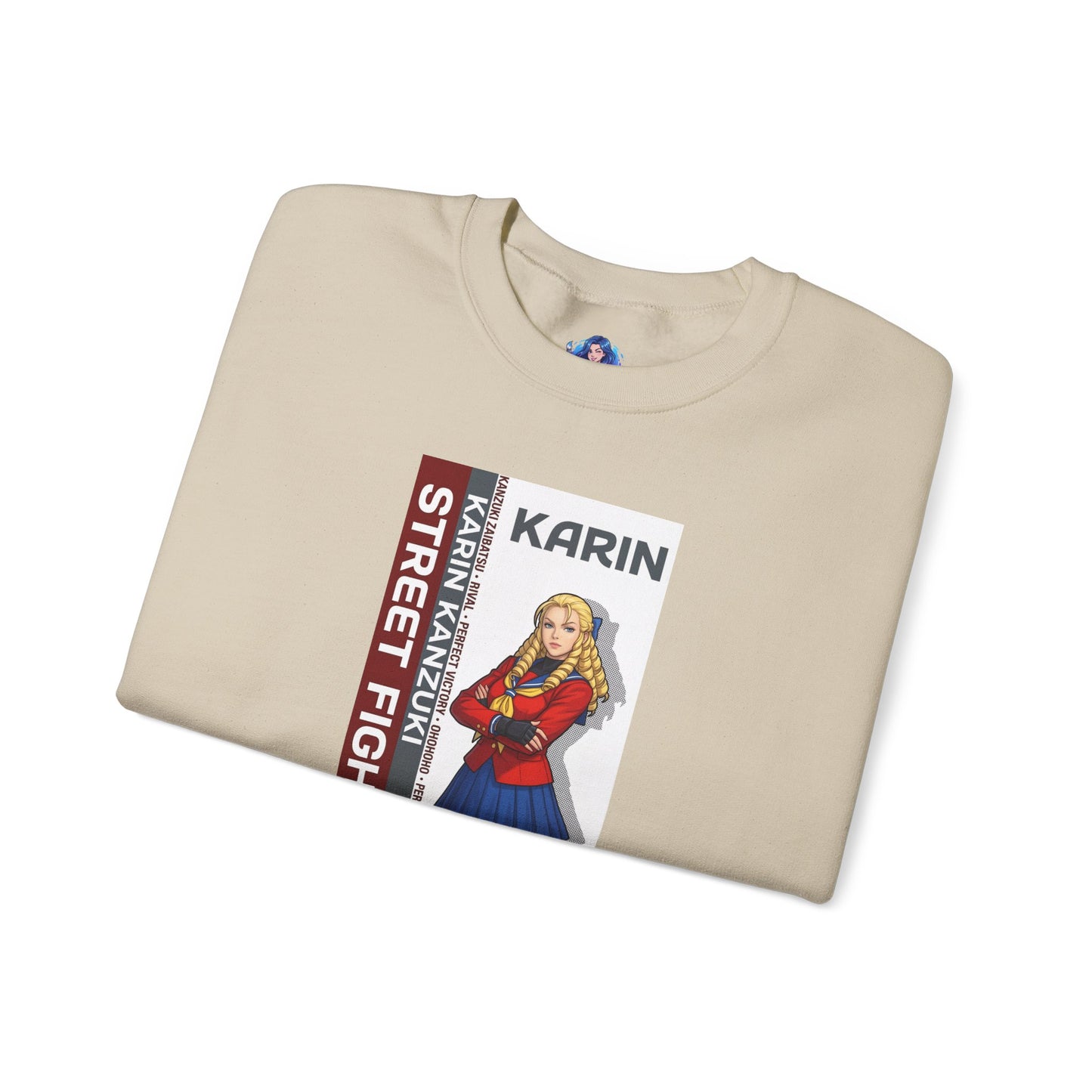 Karin Sweatshirt, Street Fighter Crewneck, Elegant Fighting Game Apparel for Fans - folded beige crewneck featuring Karin blonde character artwork