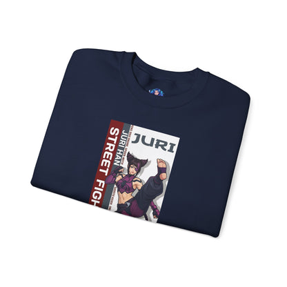 Juri Sweatshirt, Street Fighter Crewneck, Bold Fighting Game Apparel for Fans featuring Juri artwork on navy folded crewneck