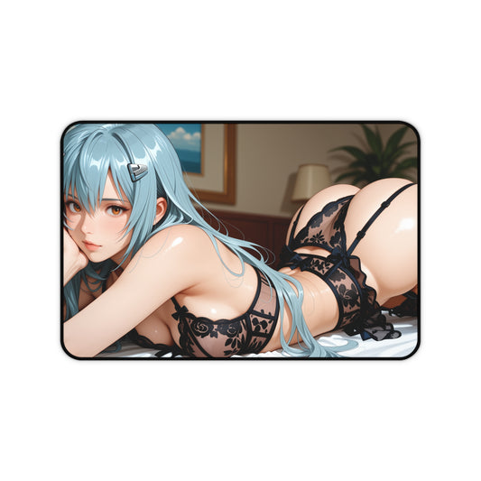 Rei Ayanami Gaming Mouse Pad, Evangelion Desk Mat, Anime Mecha Girl Setup featuring reclining Rei in detailed lingerie art on a premium desk mat