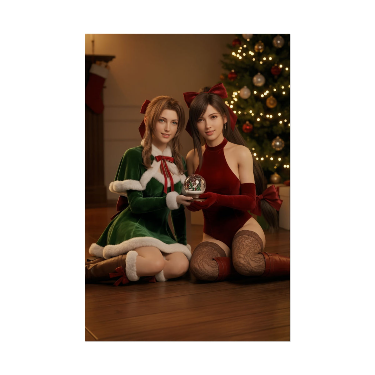 Tifa Aerith Poster, Final Fantasy Art Print  Gamer Room Wall Decor featuring holiday cosplay of Tifa and Aerith holding a snow globe