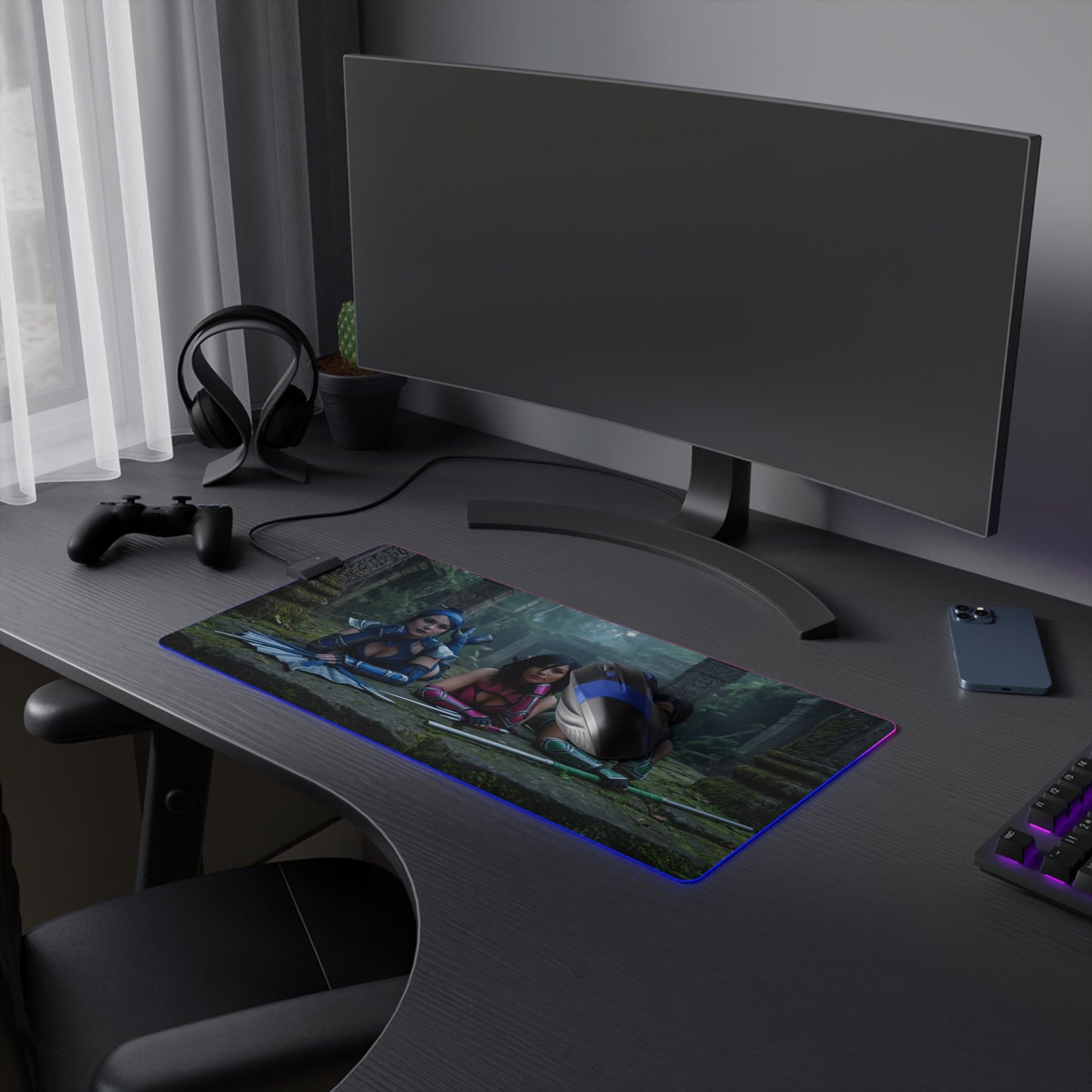 Kitana, Jade, Mileena Desk Mat – LED RGB Pad on gaming desk with curved monitor, headset, controller and RGB lighting