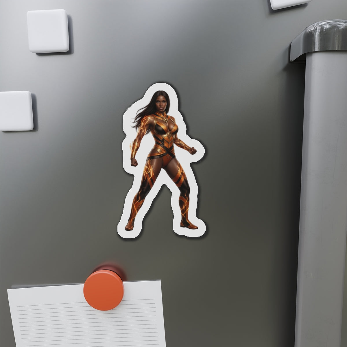 Vixen Magnet – DC Comic Heroine Fridge Magnet, Anime Style Decor showing die-cut vinyl magnet of Vixen in anime-style pose on a gray fridge