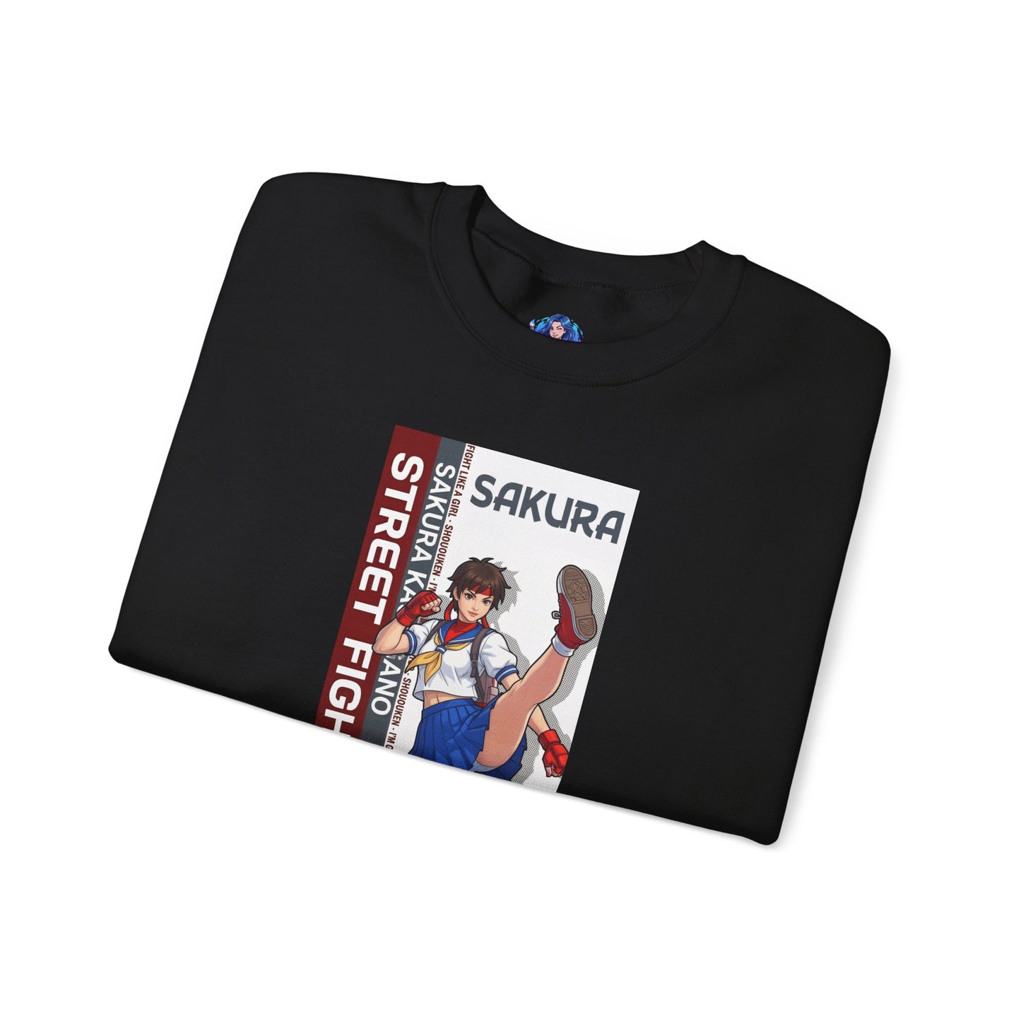 Sakura Sweatshirt, Street Fighter Crewneck, Classic Fighting Game Apparel for Fans - folded black crewneck with Sakura artwork