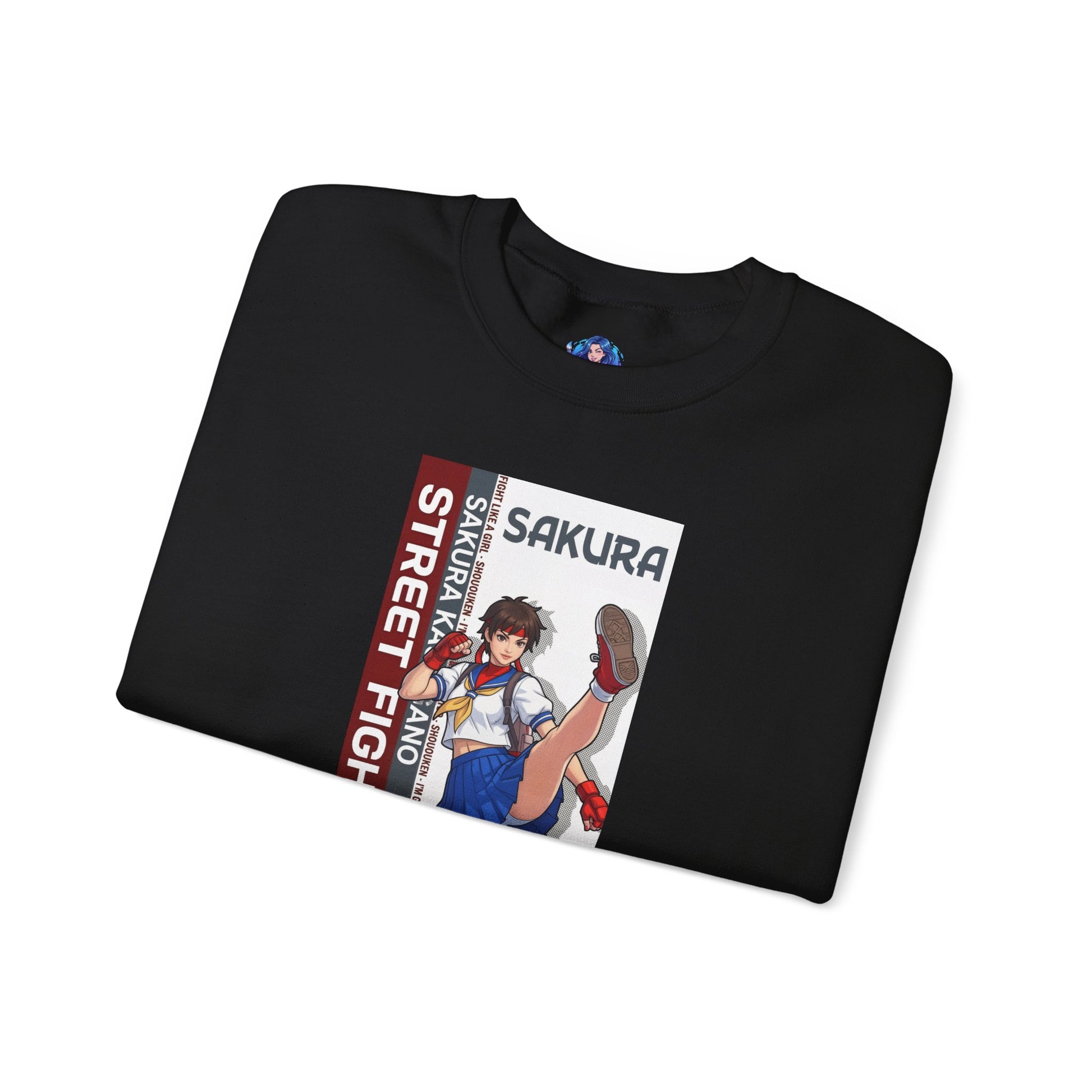 Sakura Sweatshirt, Street Fighter Crewneck, Classic Fighting Game Apparel for Fans - folded black crewneck with Sakura artwork