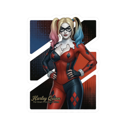 Harley Quinn Sticker – Comic Character Vinyl Sticker for Laptops & Indoor Decor, glossy durable vinyl decal showing Harley Quinn in red and black costume