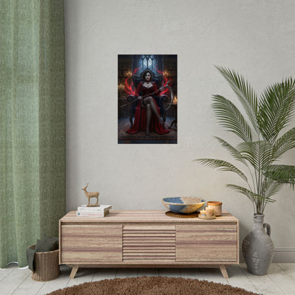 Lady Dimitrescu Poster / Lady Dimitrescu Wall Art / Lady Dimitrescu Art Print / Resident Evil Poster showing vampire matriarch seated in gothic candlelit interior