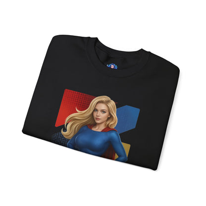 Supergirl Sweatshirt, DC Comics Crewneck, Iconic Superhero Apparel for Fans - folded black crewneck with illustrated Supergirl in blue and red