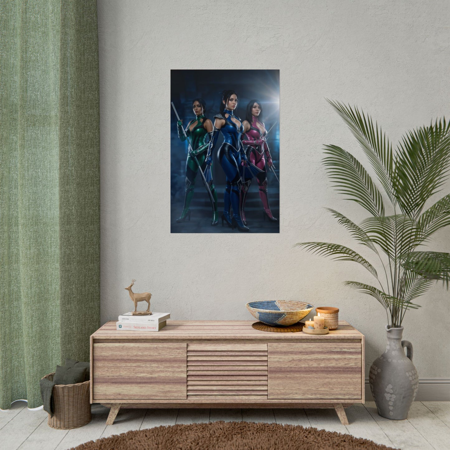 Kitana Jade Mileena Poster, Mortal Kombat Art Print – Iconic Fighter Trio wall art showing three iconic female fighters in a modern gaming room
