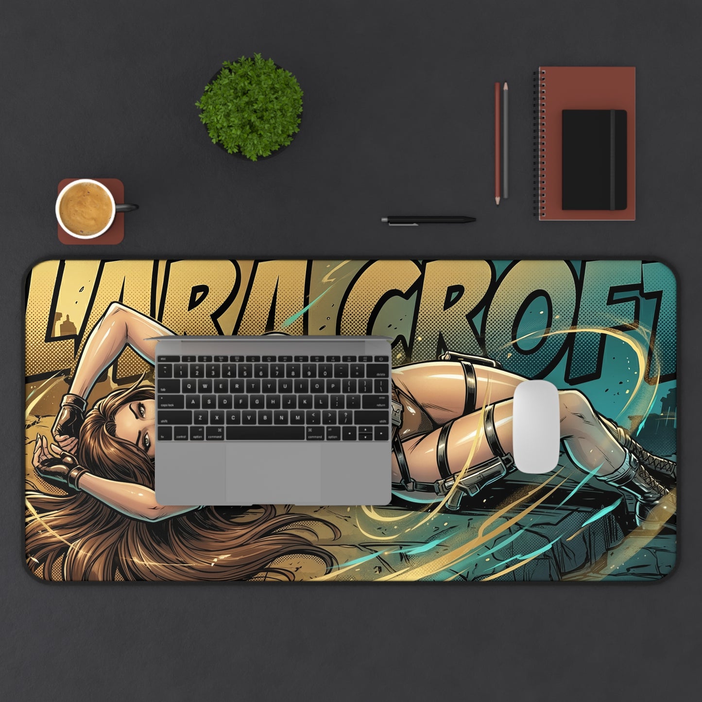 Lara Croft Desk Mat, Tomb Raider Mouse Pad, Adventure Gaming Setup Desk Decor - illustrated reclining Lara Croft desk mat with smooth glide surface