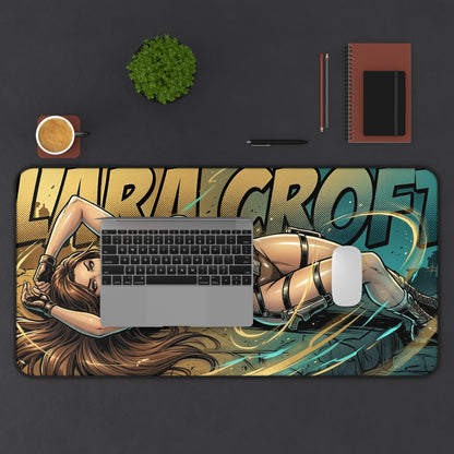 Lara Croft Desk Mat, Tomb Raider Mouse Pad, Adventure Gaming Setup Desk Decor - illustrated reclining Lara Croft desk mat with smooth glide surface