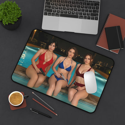 Ada Wong Claire Redfield Jill Valentine Gaming Mouse Pad, Survival Horror Desk Mat - HD artwork of three heroines by pool