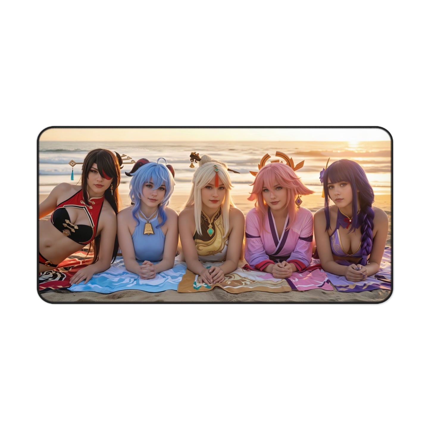 Genshin Impact Girls Gaming Mouse Pad, Anime RPG Desk Mat, Fantasy Heroine Setup featuring five heroines on a beach sunset