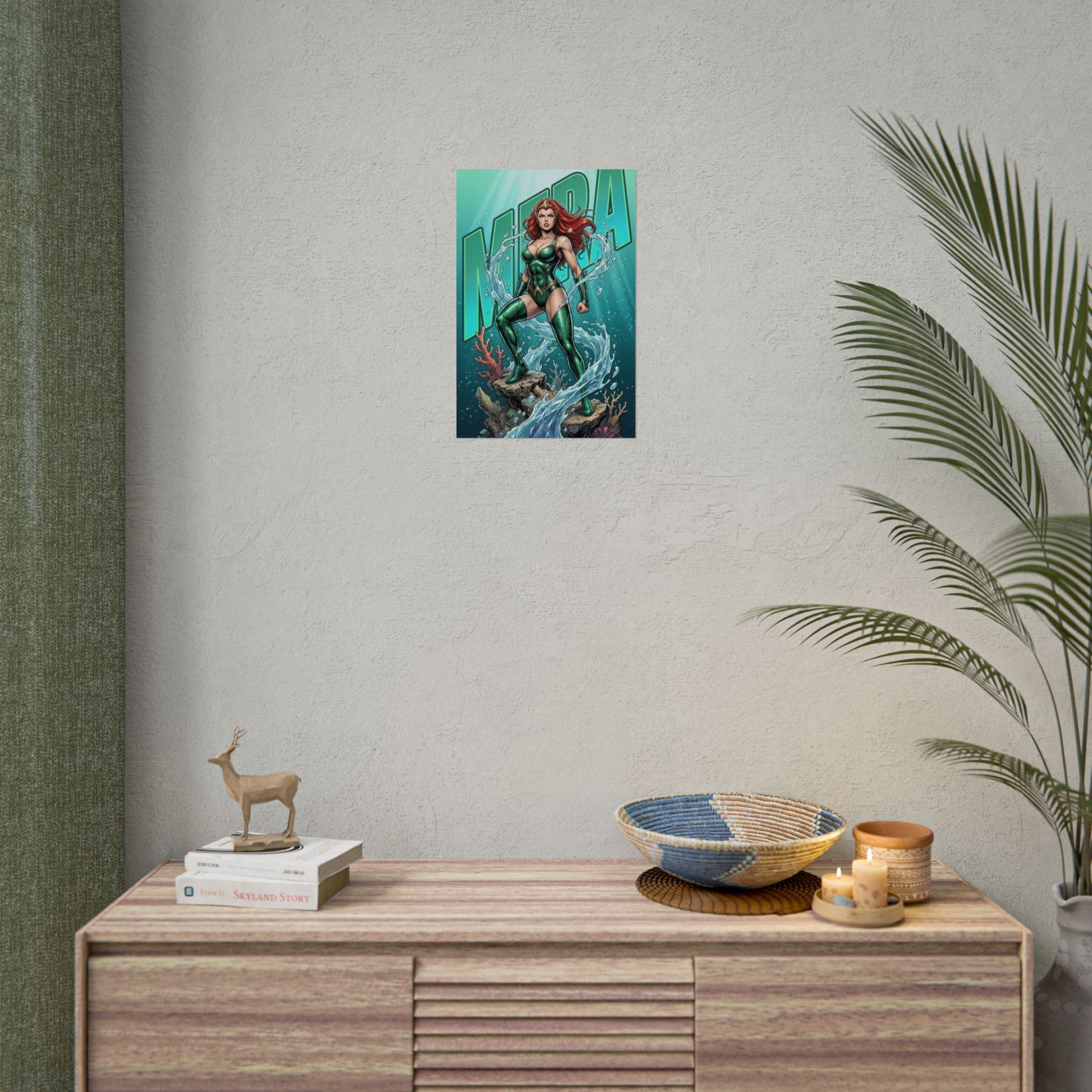Mera Poster / Mera Wall Art / Mera Art Print / DC Comics Poster of Mera commanding water above ocean, bold aquatic superhero wall art