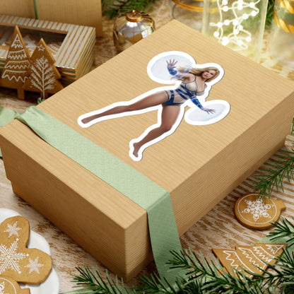 Invisible Woman Sticker – Comic Heroine Vinyl Sticker for Laptops & Indoor Decor on brown gift box, glossy durable vinyl decal applied smoothly