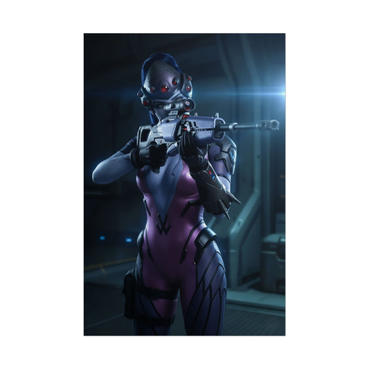 Widowmaker Poster, Overwatch Art Print – Iconic Sniper Heroine Wall Art featuring futuristic Widowmaker aiming sniper rifle for gamer room decor