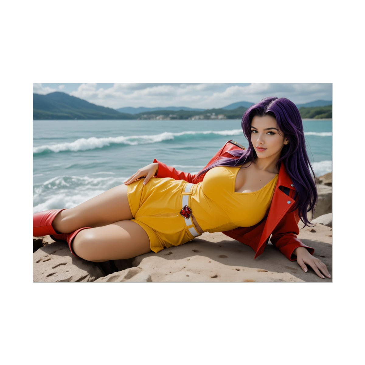 Faye Valentine Poster | Anime Wall Art for Cyberpunk Gaming Setups - stylish purplehaired character in yellow outfit and red jacket on a beach