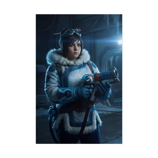 Alt Tag: Mei Poster, Overwatch Art Print – Iconic Cryo Scientist Heroine Wall Art featuring Mei in arctic coat holding her cryo blaster, gaming room decor