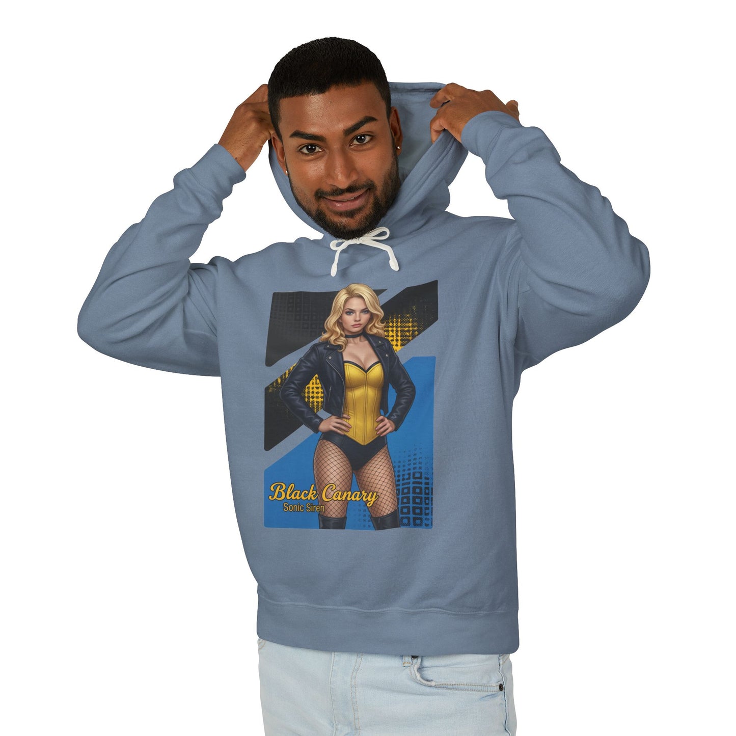 Black Canary Hoodie | DC Comics Hoodie | Anime Superheroine Pullover — model wearing blue pullover with anime Black Canary graphic