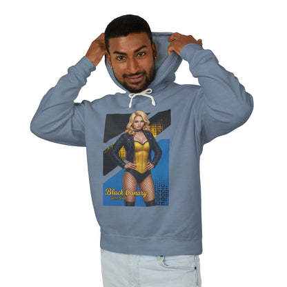 Black Canary Hoodie | DC Comics Hoodie | Anime Superheroine Pullover — model wearing blue pullover with anime Black Canary graphic
