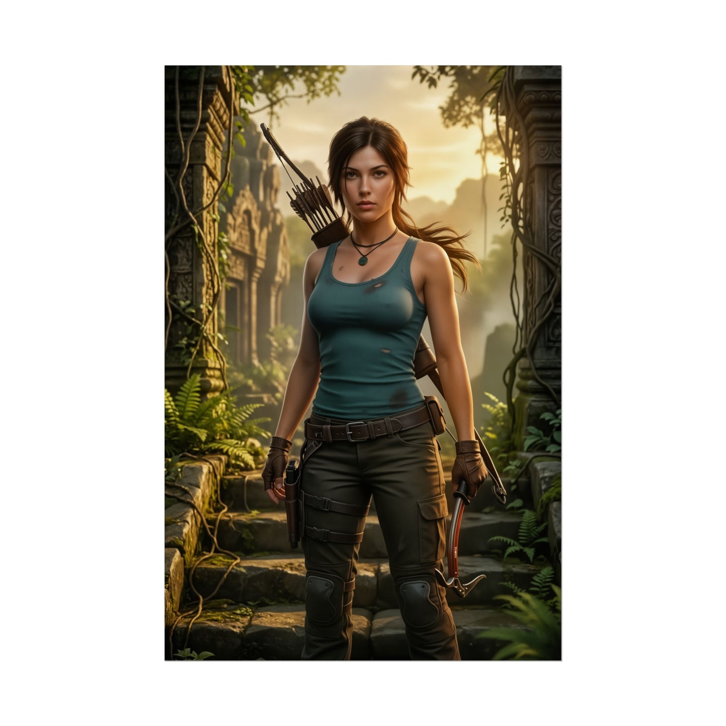 Lara Croft Poster Tomb Raider Wall Art Print Action Adventure Decor featuring Lara in strong stance with dual pistols in jungle ruins