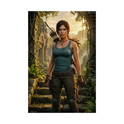 Lara Croft Poster Tomb Raider Wall Art Print Action Adventure Decor featuring Lara in strong stance with dual pistols in jungle ruins