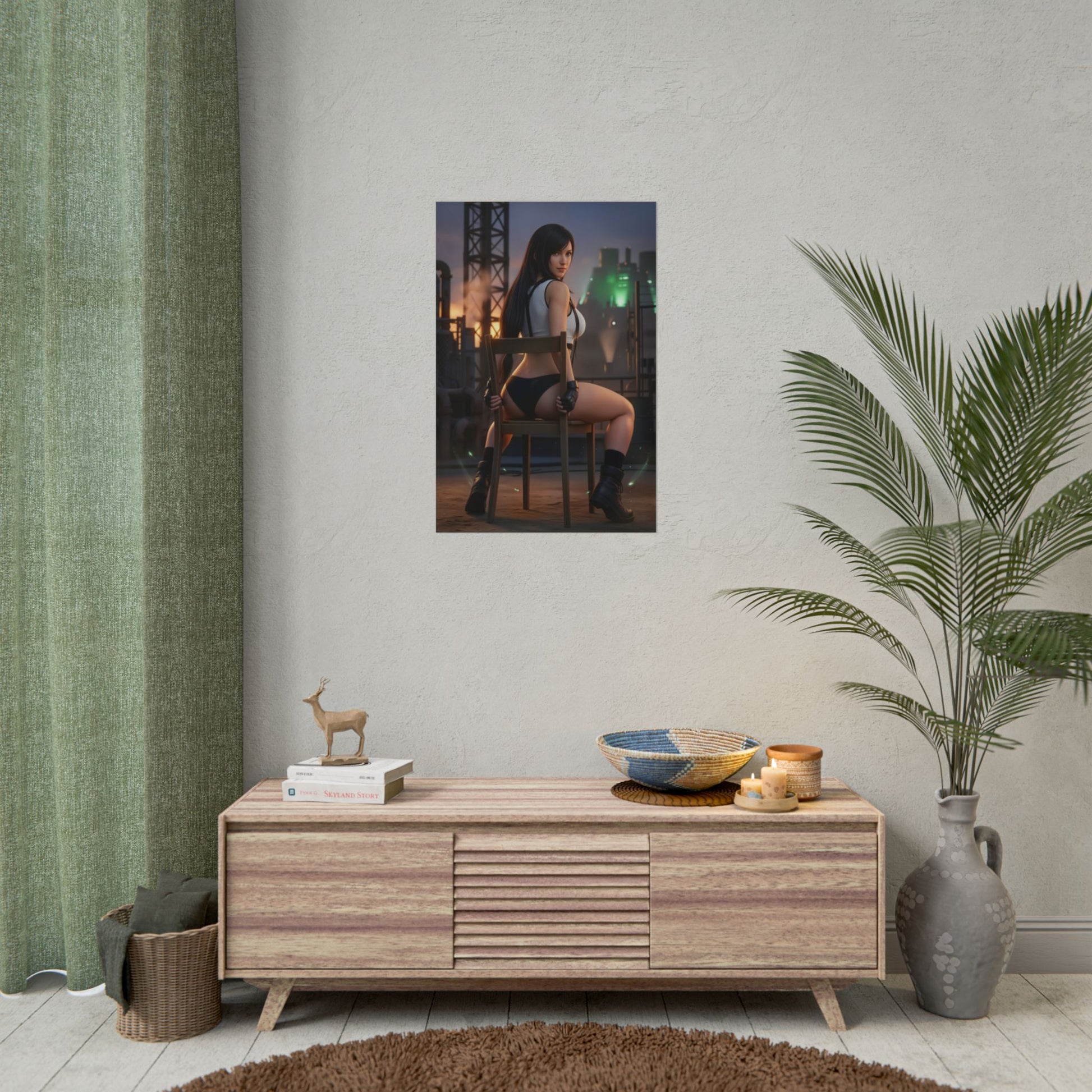 Tifa Lockhart Poster Final Fantasy Wall Art Print Gaming Decor featuring Tifa seated in industrial city with cinematic lighting and soft background glow