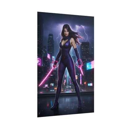 Psylocke Poster, Marvel X-Men Art Print, Iconic Telepath Ninja Hero — neon city portrait of Psylocke with psychic blades for gaming room décor