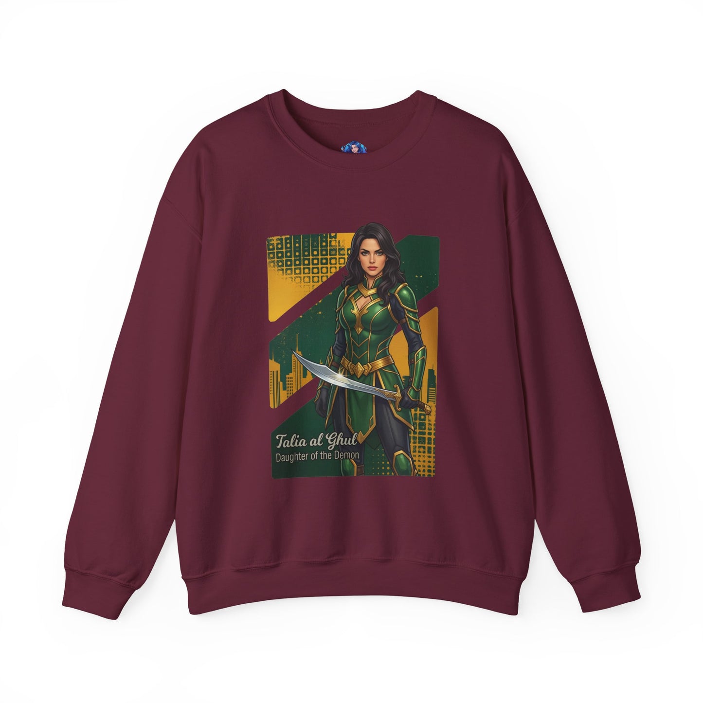 Talia al Ghul Sweatshirt, DC Comics Crewneck, Elegant Villain Apparel for Fans - maroon crewneck with detailed Talia al Ghul artwork and katana