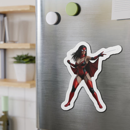 Spider-Woman Magnet – Marvel Heroine Fridge Magnet, Anime Style Decor on stainless fridge showing die-cut vinyl anime-style Spider-Woman pose
