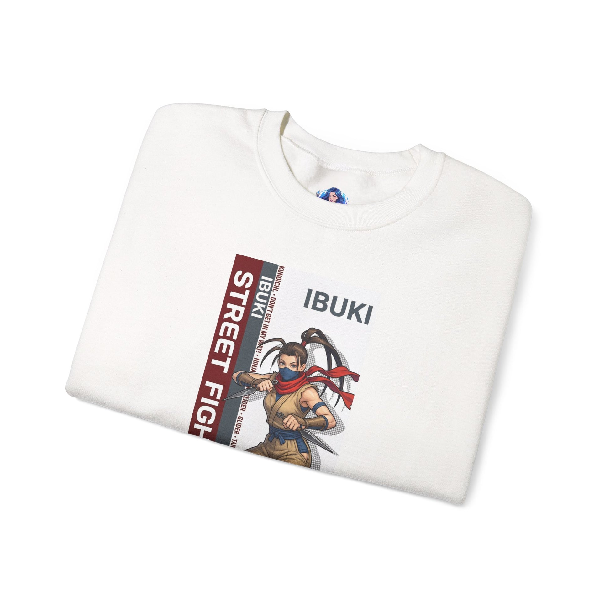 Ibuki Sweatshirt, Street Fighter Crewneck, Agile Ninja Gaming Apparel for Fans - white crewneck with dynamic Ibuki character print