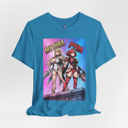 Mythra and Pyra T-Shirt | Anime Tee for Gamers showing Mythra and Pyra side by side on a Bella Canvas 3001 unisex tee