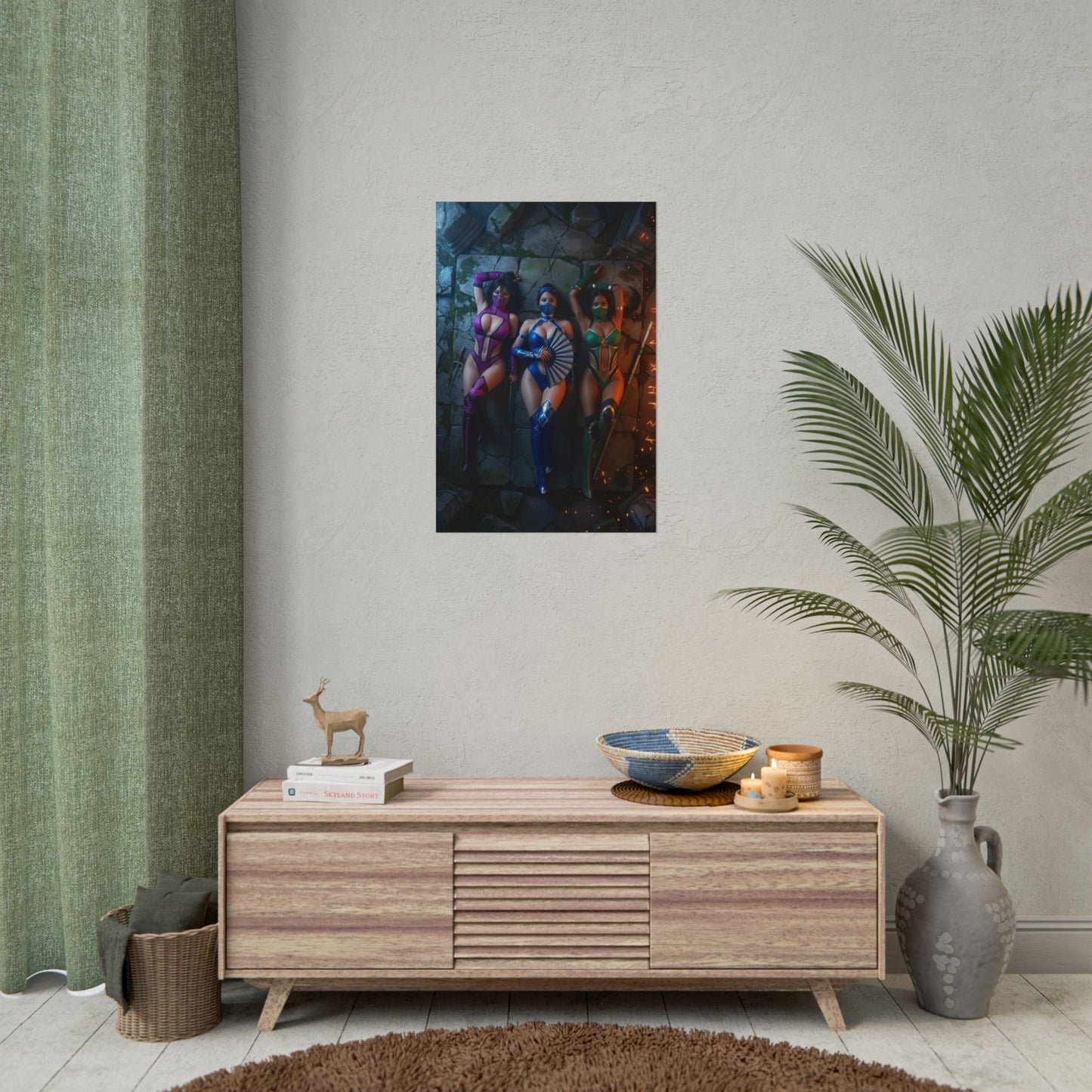 Kitana Mileena Jade Poster, Mortal Kombat Wall Art Print – Trio Decor showcasing trio of heroines in gaming room wall art