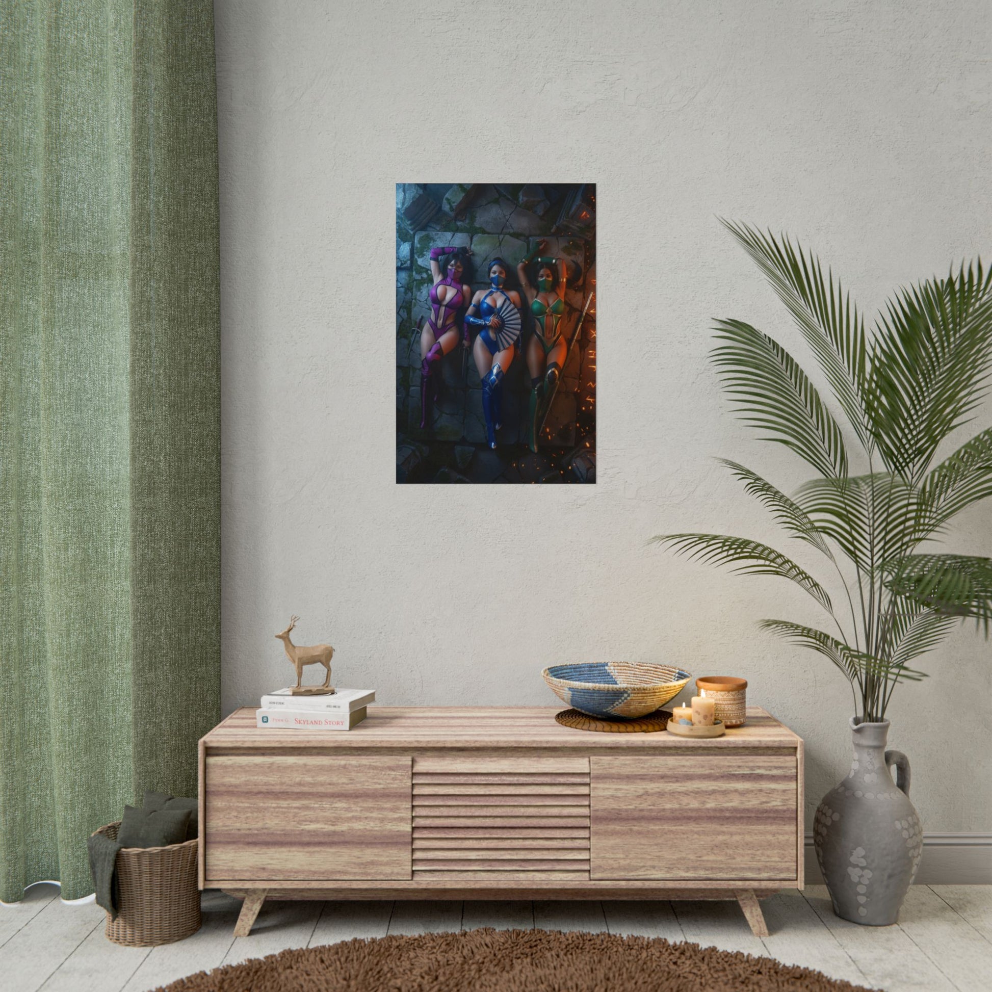 Kitana Mileena Jade Poster, Mortal Kombat Wall Art Print – Trio Decor showcasing trio of heroines in gaming room wall art