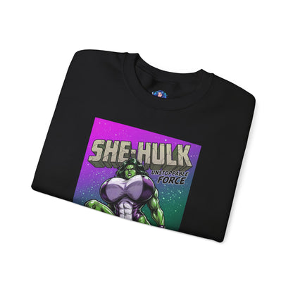 She-Hulk Sweatshirt, Comic Character Art, Premium Fan Apparel featuring bold green She-Hulk comic illustration on black crewneck