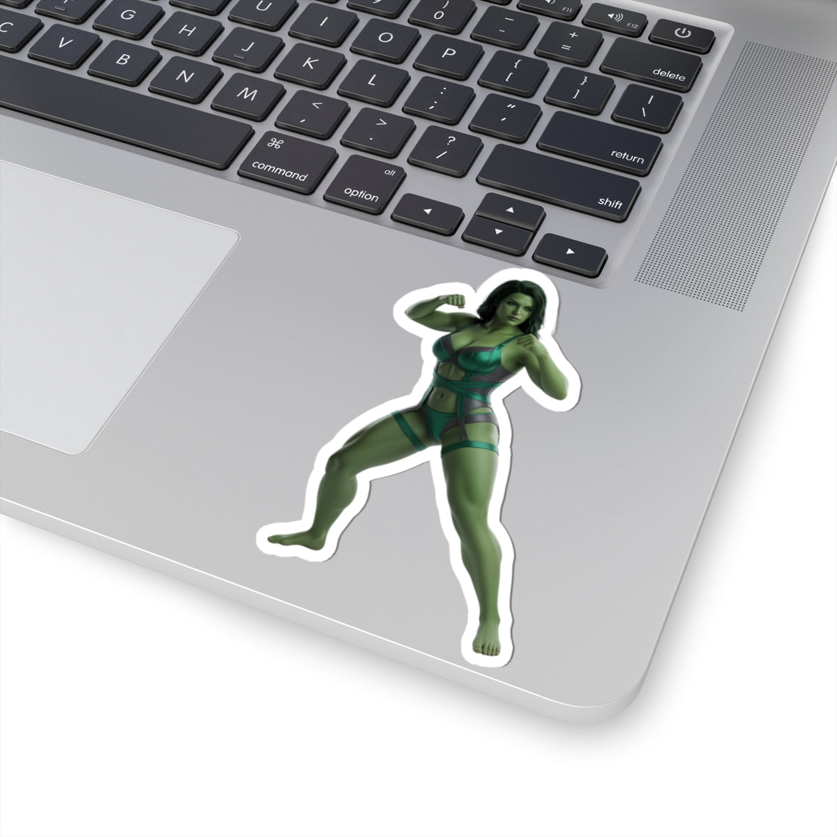 She-Hulk Sticker – Comic Heroine Vinyl Sticker for Laptops & Indoor Decor on a laptop showing glossy, durable vinyl and crisp comic-style artwork