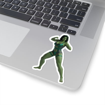She-Hulk Sticker – Comic Heroine Vinyl Sticker for Laptops & Indoor Decor on a laptop showing glossy, durable vinyl and crisp comic-style artwork
